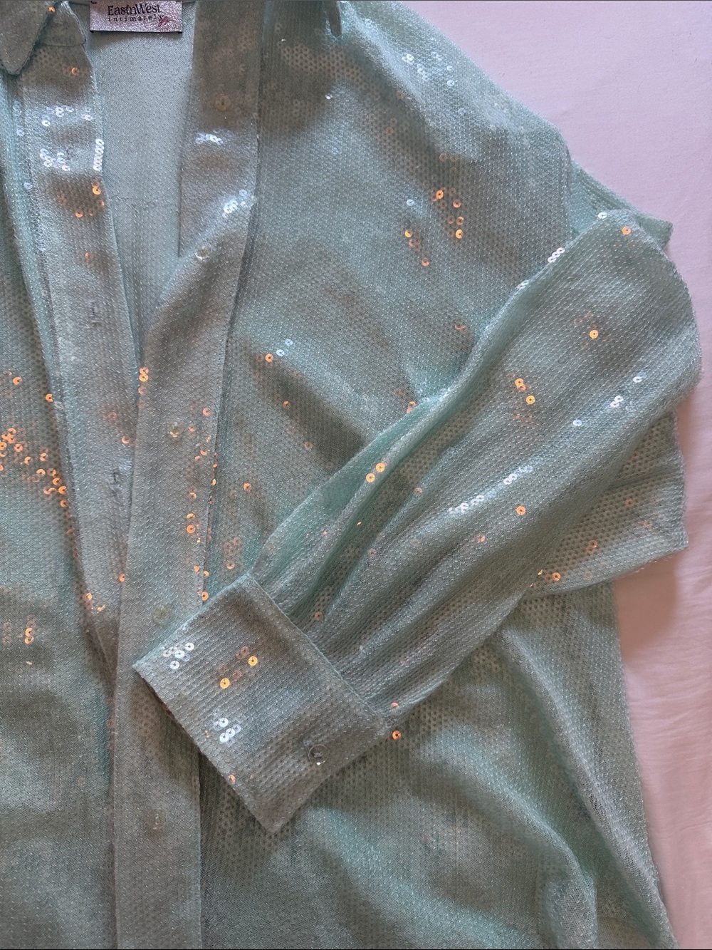 Free People Mint Green oversized Sequin Button-Down Shirt - Picture 3 of 4